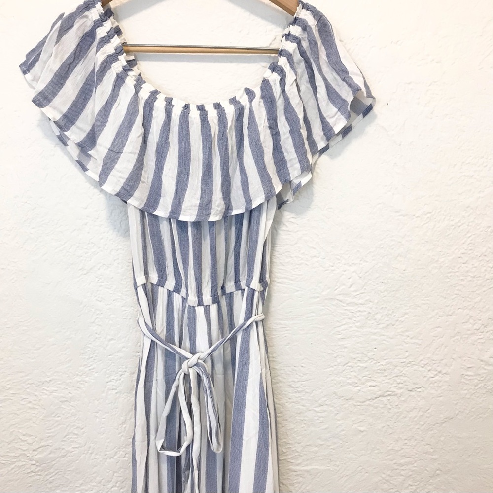 Altar'd State Off Shoulder Maxi Dress Blue White Stripe Fringe Tassel Large - Picture 6 of 9